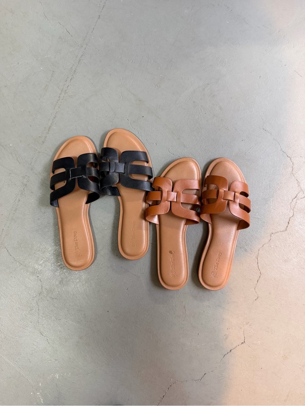 Amazon Women's Slide Sandals in Black and Brown Faux Leather